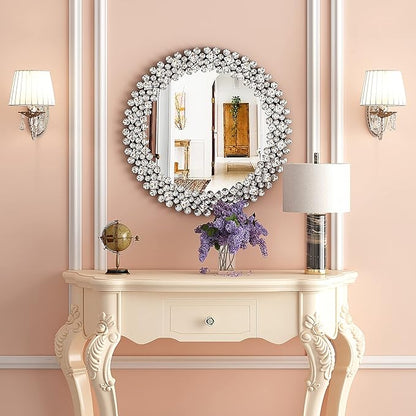 SHYFOY Crystral Round Mirror for Wall Decor,24" Large Wall Mirrors with Luxury Jeweled Decorative Mirror Circle Accent Mirrors for Living Room Bathroom Bedroom Fireplace Decor