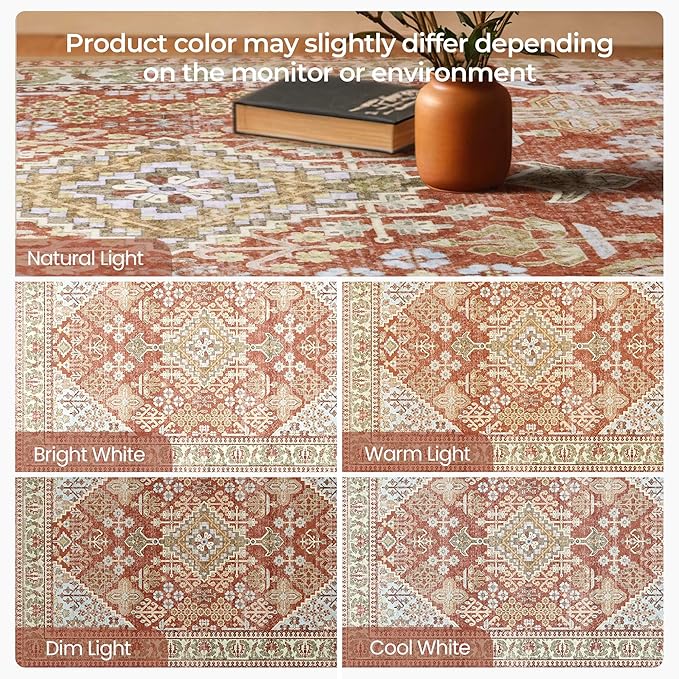 9x12 Area Rugs for Living Room, Machine Washable Low Pile Rug, Non Slip Backing Boho Rugs for Bedroom, Printed Soft Vintage Carpet Orange 9 x 12