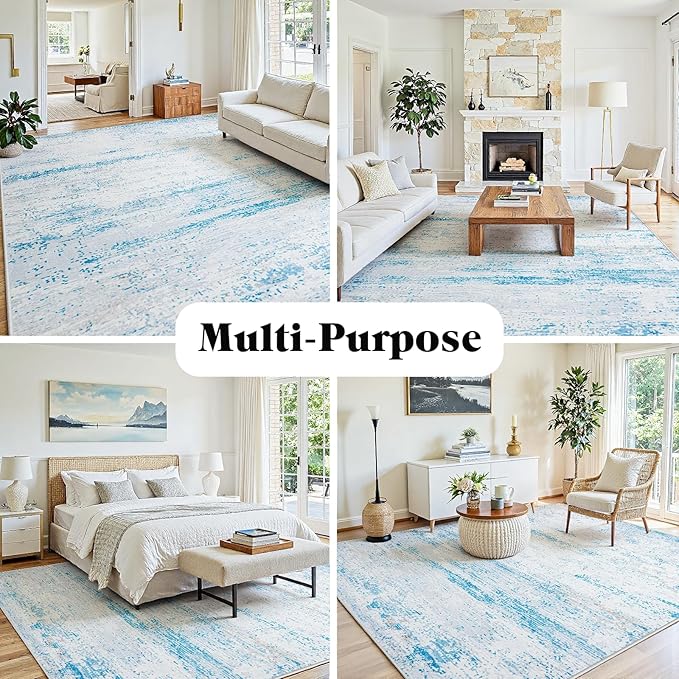 9x12 Area Rugs Washable Rug:Anti-Skid Abstract Modern Living Room Rug Soft Thin Carpets Indoor Floor Non-Shedding Carpet for Bedroom Dining Farmhouse Nursery Home Office(Light Blue/White/Beige, 9x12)