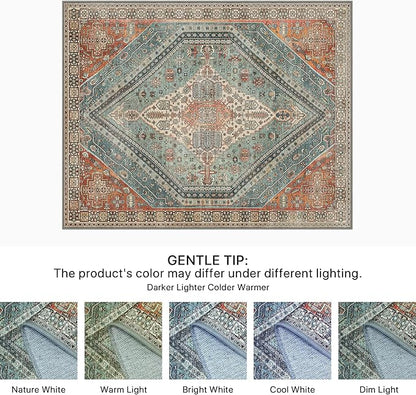 Bavni Runner Rug 2x10 Kitchen Rugs for Hallways Entryway, Washable Vintage Print Carpet, Ultra-Thin Chenille Low Pile Lightweight Rug with Non Slip Backing, Light Red/Blue
