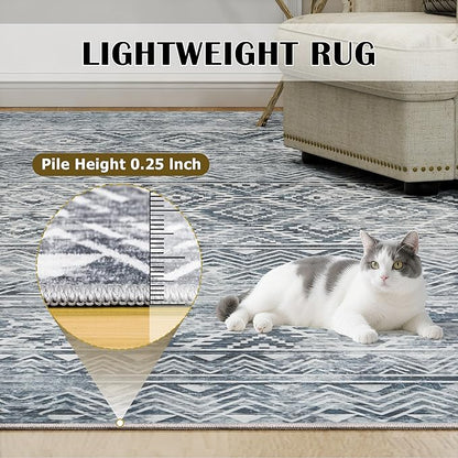9x12 Area Rugs Washable Rug: Anti-Skid Abstract Modern Living Room Rug Soft Thin Carpets Indoor Floor Non-Shedding Carpet for Bedroom Dining Farmhouse Nursery Home Office (Blue Grey White, 9'x12')