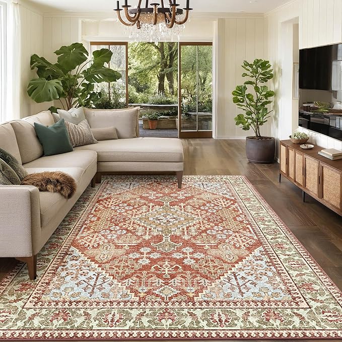 6x9 Area Rugs for Living Room, Machine Washable Low Pile Rug, Non Slip Backing Boho Rugs for Bedroom, Printed Soft Vintage Carpet Orange 6 x 9