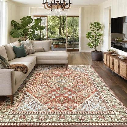 6x9 Area Rugs for Living Room, Machine Washable Low Pile Rug, Non Slip Backing Boho Rugs for Bedroom, Printed Soft Vintage Carpet Orange 6 x 9