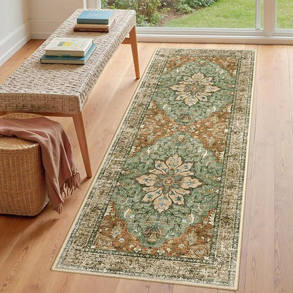 RELEANY Area Rugs 3'x8' Runner Rug Non Slip Washable for Kitchen Hallway Bedroom Beside Laundry Room Bathroom Rug, Floor Carpet, Brick Red Rust Neutral Brown Burnt Orange Green