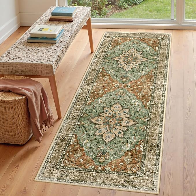 RELEANY Area Rugs 3'x6' Runner Rug Non Slip Washable for Kitchen Hallway Bedroom Beside Laundry Room Bathroom Rug, Floor Carpet, Brick Red Rust Neutral Brown Burnt Orange Green