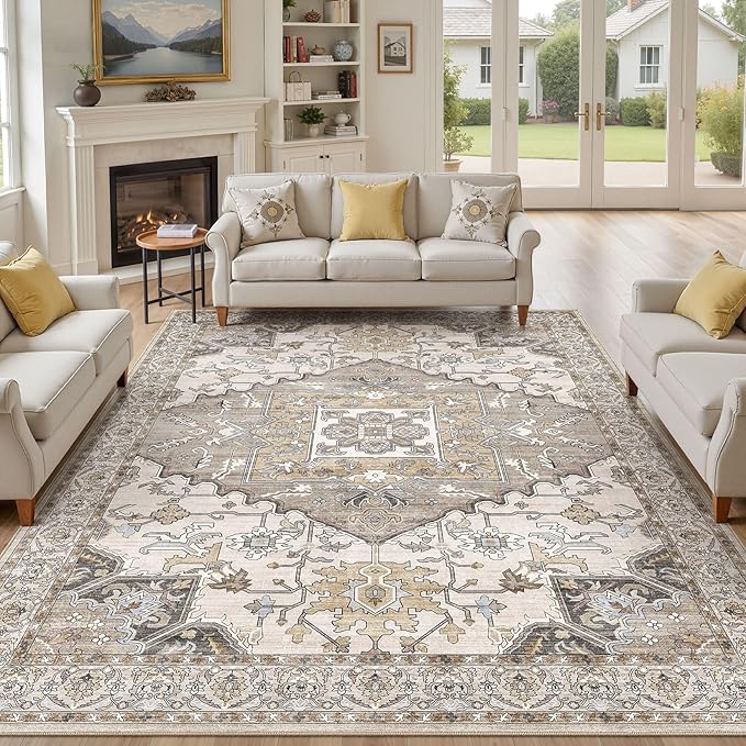 10x13 Washable Area Rugs for Living Room: Non Slip Vintage Brown Rug, Large Soft Stain Resistant Indoor Floor Carpets for Bedroom Dining Room Nursery Home Office Kid & Pet Friendly