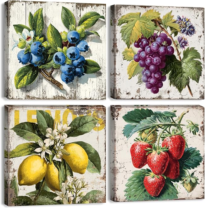 Vintage Fruit Wall Art for Kitchen Wall Decor Farmhouse Dining Room Pictures Rustic Lemon Strawberry Canvas Paintings Colorful Fruits Theme Prints Blueberry Grape Poster Artwork Decorations 12x12” 4P