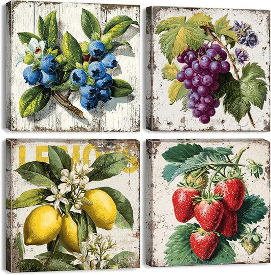 Vintage Fruit Wall Art for Kitchen Wall Decor Farmhouse Dining Room Pictures Rustic Lemon Strawberry Canvas Paintings Colorful Fruits Theme Prints Blueberry Grape Poster Artwork Decorations 12x12” 4P