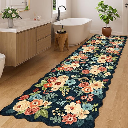 DUKINO 3x10 Washable Runner Rug, Non Slip Floral Ultra Soft Runner for Hallway, Lightweight Low Pile & Stain Resistant Long Throw Carpet for Kitchen, Bathroom, Entrance, Bedroom, Kids Room, Navy Blue