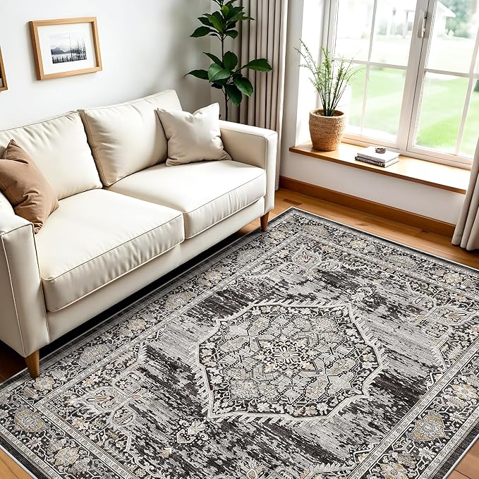 Washable Area Rugs 5x6 Entryway: Soft Ultra Thin Low Pile Mat Machine Washable Indoor Doormat Lightweight Entry Rug Anti Slip Backing Rugs for Living Room Bedroom Kitchen 5'x6' Black