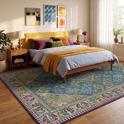 9x12 Area Rugs for Living Room, Machine Washable Low Pile Rug, Non Slip Backing Boho Rugs for Bedroom, Printed Soft Vintage Carpet Teal Green Purple 9 x 12