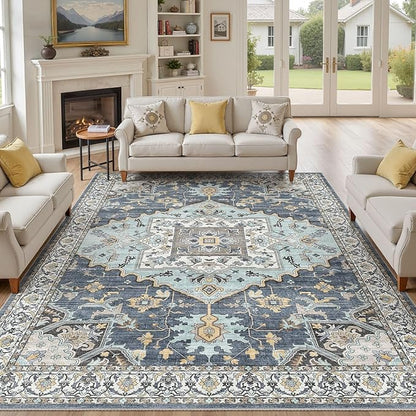 8x11 Washable Area Rugs for Living Room: Non Slip Vintage Blue Yellow Rug, Large Soft Stain Resistant Indoor Floor Carpets for Bedroom Dining Room Nursery Home Office Kid & Pet Friendly