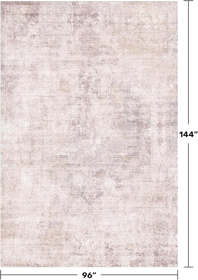 Washable Modern Living Room 8x12 Area Rugs - Pink and Grey Rug for Dining Room Under Table, Large Bedroom Carpet, Non Slip & Soft, Medallion Distressed Print Pattern