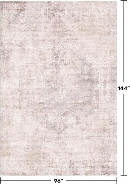 Washable Modern Living Room 8x12 Area Rugs - Pink and Grey Rug for Dining Room Under Table, Large Bedroom Carpet, Non Slip & Soft, Medallion Distressed Print Pattern