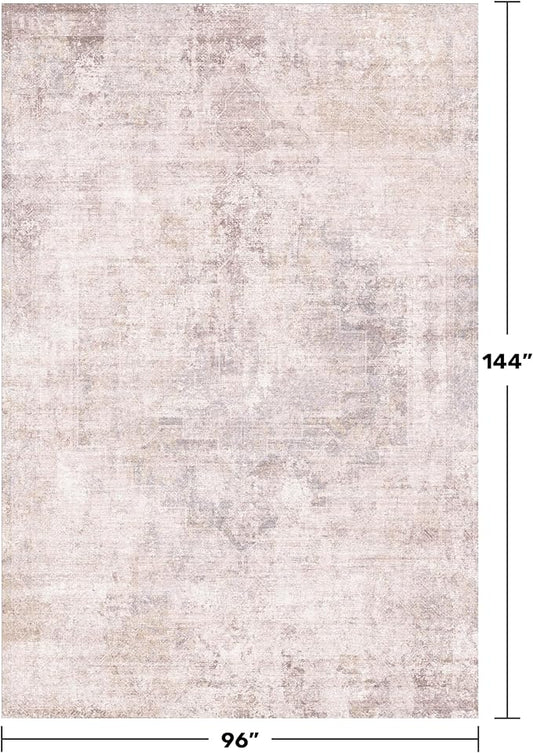 Washable Modern Living Room 8x12 Area Rugs - Pink and Grey Rug for Dining Room Under Table, Large Bedroom Carpet, Non Slip & Soft, Medallion Distressed Print Pattern