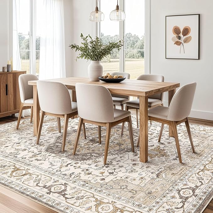 Area Rug for Living Room - 6x9 Soft Washable Oriental Vintage Floral Distressed Large Carpet - Fade Stain Resistant Non Slip Rugs for Bedroom Dining Room Nursery Dorm Office Home Decor-Camel/Beige