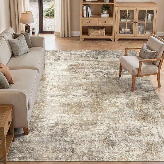 cotiled 9x12 Area Rugs for Living Room - Washable Neutral Abstract Carpet Non Slip Soft Rug for Bedroom & Dining Table, Robot Vacuum & Pet Friendly Floor Decor Brown