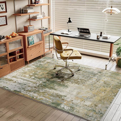 Green Washable Rug 6x9 Area Rugs for Living Room Bedroom Carpet, Indoor Vintage Abstract Boho Large Rug Non Slip Faux Wool Rugs for Dorm, Dining Room Table, Nursery, Kids Playroom, Sage Green