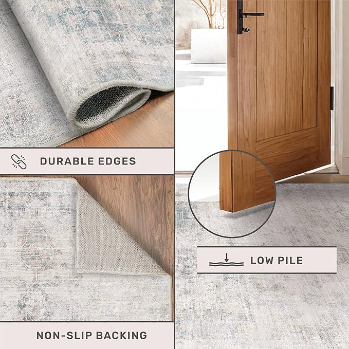 9x12 Washable Area Rug for Living Room, Large Light Blue Vintage Medallion Rug, Non Slip Low Pile Stain Resistant Carpet for Bedroom Dining Room, Soft Distressed Neutral Home Decor