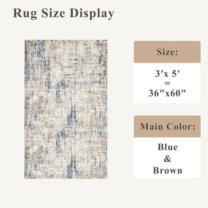 Washable 3x5 Entryway Rug - Non-Slip Soft Low-Pile Thin Small Area Rugs for Kitchen Bedroom Living Room Hallway – Modern Abstract Neutral Door mat Indoor（Blue Brown）
