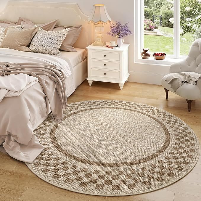 4ft Washable Round Rug for Entryway Modern Checkered Bedroom Circle Rug Non Slip Soft Dining Room Round Throw Carpet Small Stain Resistant Border Round Rugs for Living Room Kitchen Bathroom, Taupe