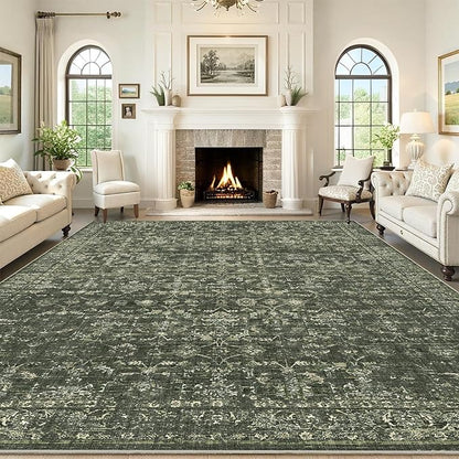 10x12 Green Washable Area Rugs for Living Room Vintage Boho Non Slip Large Rug Distressed Floral Carpet Indoor Retro Soft Low Pile Farmhouse Throw Rug for Bedroom Dining Nursery Office