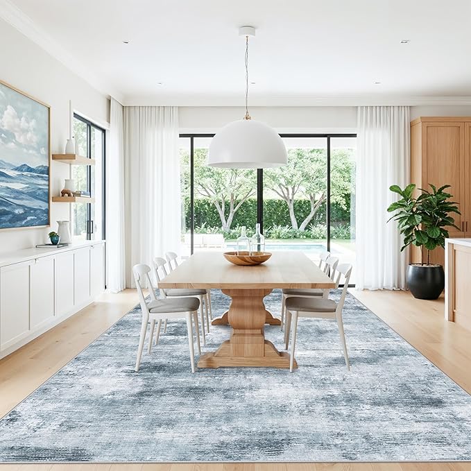 10x14 Area Rug Living Room – Washable Large Neutral Modern Abstract Soft Low Pile Non-Slip Thin Carpet for Bedroom, Dining Room, Home Office (Misty Blue Gray)