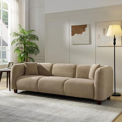 Merax 87" Chenille Upholstered Sofa Couch 3 Seater with 2 Pillows, Modern Living Room Sofa with Solid Wood Legs, Camel