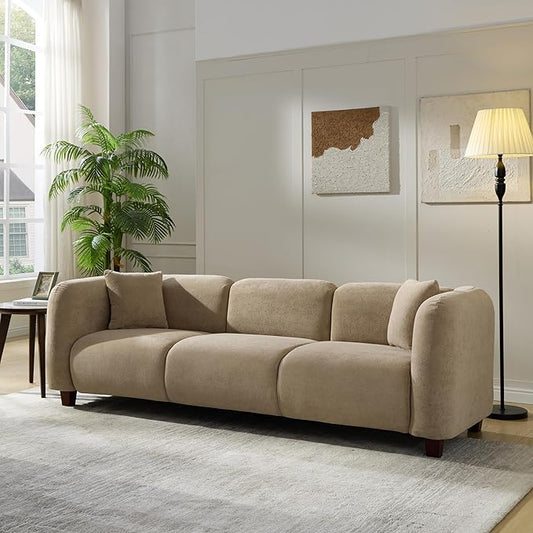 Merax 87" Chenille Upholstered Sofa Couch 3 Seater with 2 Pillows, Modern Living Room Sofa with Solid Wood Legs, Camel
