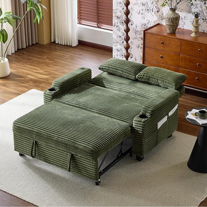 VINGLI Green Futon Sofa Bed Convertible Loveseat Sleeper Sofa Couch, Corduroy Pullout Sofa Fold Out Couch Bed with USB Ports, Cup Holders, Armrest for Living Room, Bedroom Apartment Room | Lveseat Sleeper