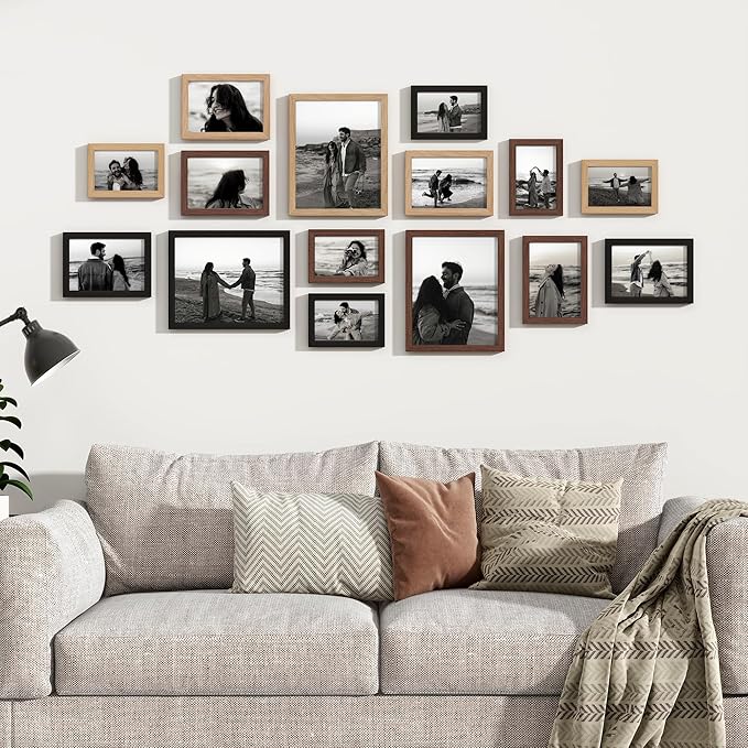 Venusmiles 15 Pack Picture Frames Collage Wall Decor, Gallery Frame Set for Wall Mounting or Tabletop Display, Multi Sizes Including 3pcs 8x10, 6pcs 5x7, 6pcs 4x6, Black+Oak+Walnut