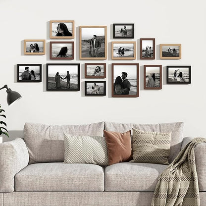 Venusmiles 15 Pack Picture Frames Collage Wall Decor, Gallery Frame Set for Wall Mounting or Tabletop Display, Multi Sizes Including 3pcs 8x10, 6pcs 5x7, 6pcs 4x6, Black+Oak+Walnut