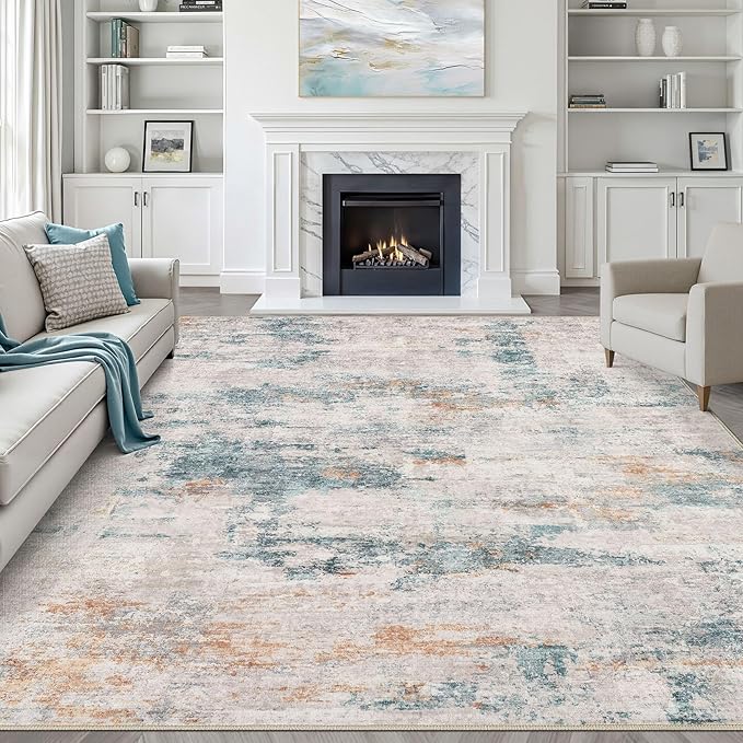 9x12 Area Rug Living Room: Washable Large Neutral Aqua Brown Rugs Abstract Soft Modern Stain Resistant Indoor Floor Non-Slip Carpet for Bedroom Nursery Kids Office Playroom Dining Room Under Table