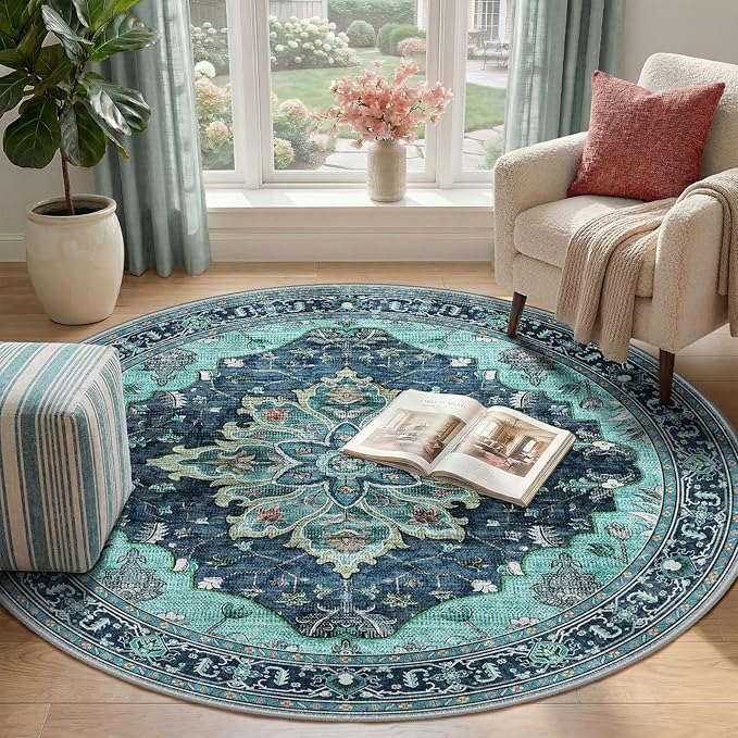 RELEANY Area Rugs Round 4ft Washable Non-Slip, Floral Vintage Distress Print Pattern Medallion Carpet for Living Room Bedroom Dining Room, Teal Green Lake Blue Turquoise