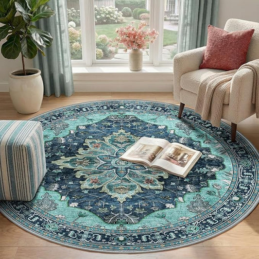RELEANY Area Rugs Round 4ft Washable Non-Slip, Floral Vintage Distress Print Pattern Medallion Carpet for Living Room Bedroom Dining Room, Teal Green Lake Blue Turquoise