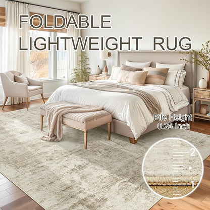 Soalmost 6x9 Abstract Area Rugs for Living Room 6 x 9 Washable Non Slip Low Pile Gray Rugs for Bedroom Dining Room Foldable Thin Beige Gray