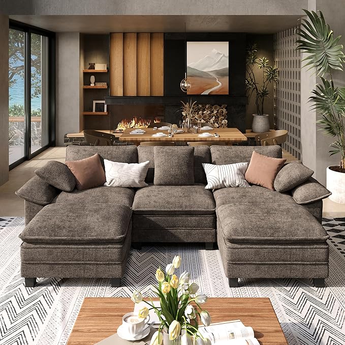 SUNSHINE VALLEY U Shaped Modular Cloud Couch, 123.6'' Comfy Chenille Sectional Sofa with Wider Armrest and Ottoman, Upholstered 5-Seat Modern Deep Seat for Bedroom Living Room, Taupe Gray