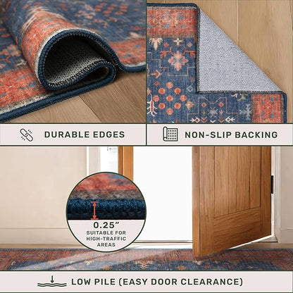 Hazo Haus Boho Washable 3x16 Extra Long Hallway Runner Rug, Navy Blue Large Kitchen Floor Rug Indoor, Non-Slip Stain & Fade Resistant, Vintage Unique Bohemian Blue Décor