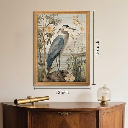 Framed William Morris Heron Wall Art, Vintage 3D Textured Botanical Wall Decor, Hand Drawn Sandstone Wildlife Picture Artwork, Modern Farmhouse Decor for Bedroom Living Room 12x16 inch