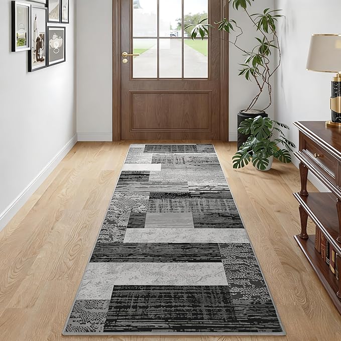 FlyDOIT Modern Geometric Patchwork Area Rug, 2x6 Grey Runner Rugs for Living Room, Rockwood Collection Indoor Rugs for Bedroom, Throw Carpet Floor Decor for Entryway Dining Room Office Nursery