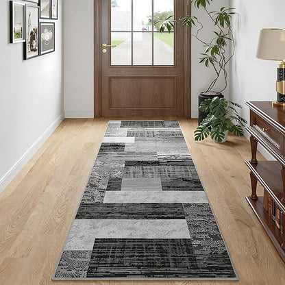 FlyDOIT Modern Geometric Patchwork Area Rug, 2x6 Grey Runner Rugs for Living Room, Rockwood Collection Indoor Rugs for Bedroom, Throw Carpet Floor Decor for Entryway Dining Room Office Nursery