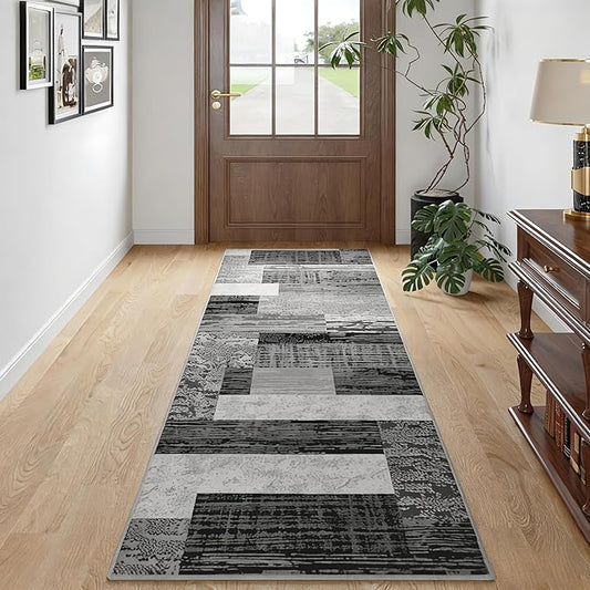 FlyDOIT Modern Geometric Patchwork Area Rug, 2x6 Grey Runner Rugs for Living Room, Rockwood Collection Indoor Rugs for Bedroom, Throw Carpet Floor Decor for Entryway Dining Room Office Nursery
