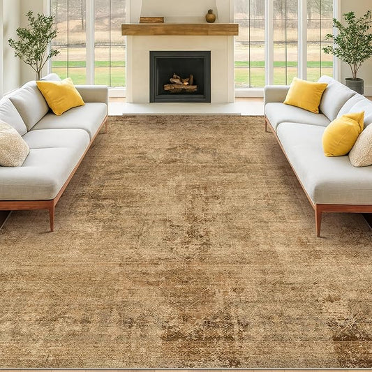 Vintage 8x12 Rugs for Living Room - Brown and Gold Soft Dining Room Area Rugs, Machine Washable Ultra Thin Bedroom Carpet, Lightweight & Stain Resistance, Modern Abstract Nature Gold Earthy Decor