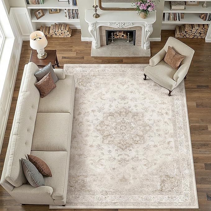 PureCozy Beige Area Rug 10x12 Washable Living Room Carpet Vintage Non Slip Soft Bedroom Indoor Office Retro Low Pile Thin Oriental Medallion Large Rug for Dining Room Bathroom Playroom