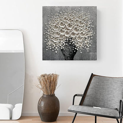 100% Hand-Painted White Flower Art Oil Painting, Modern Home Furnishing Canvas Painting Decoration, 3D Abstract Mural Painting,24x24 inch Frame Wall Art Hanging