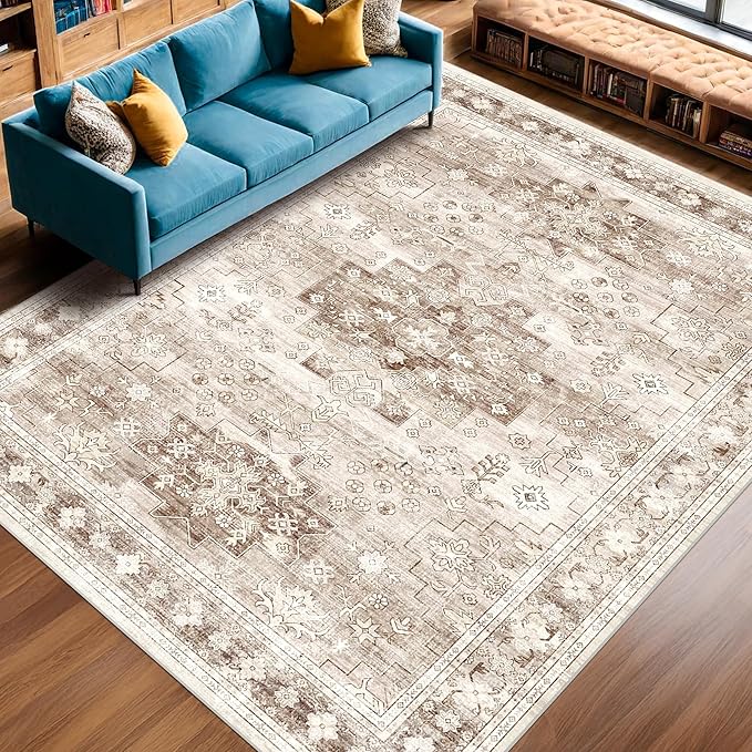 Hazo Haus Beige Farmhouse Washable 7x10 Area Rugs for Living Room, Bedroom, Dining Room Table, Vintage Floral Décor, Non-Slip Stain & Fade Resistant (7x10 Beige/Latte)