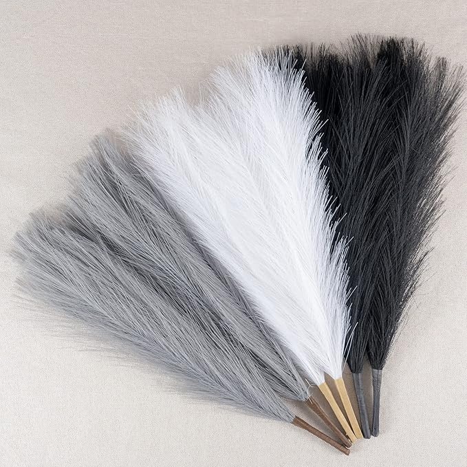 Faux Pampas Grass Decor, 18"/45cm Artificial Pampas Grass Fluffy 6 Stem pompous Flower Arrangement for Boho Home Wedding Decoration (Black,White,Grey)