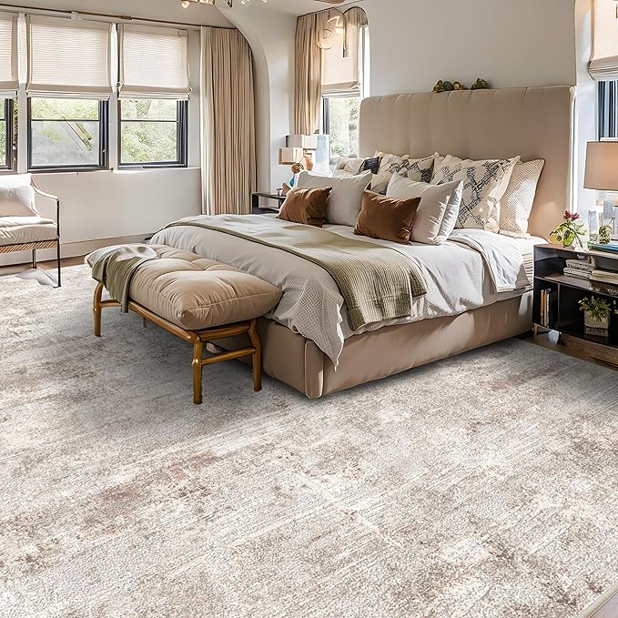 RUUGME 10X14 Abstract Area Rug:Large Washable Living Room Rug Indoor Non Slip Carpet for Bedroom Soft Foldable Stain Resistant Distressed Thin Rug for Dining Room Kitchen 10X14 Brick/Brown/Beige