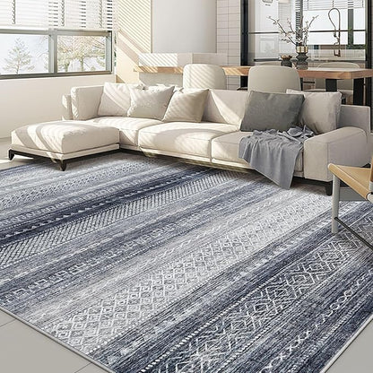 Nakagishi Area Rug Living Room Rugs: 7x10 Machine Washable Boho Large Neutral Farmhouse Stain Resistant Moroccan Indoor Floor Carpet for Bedroom Nursery Dorm Classroom Dining Room Home-Blue