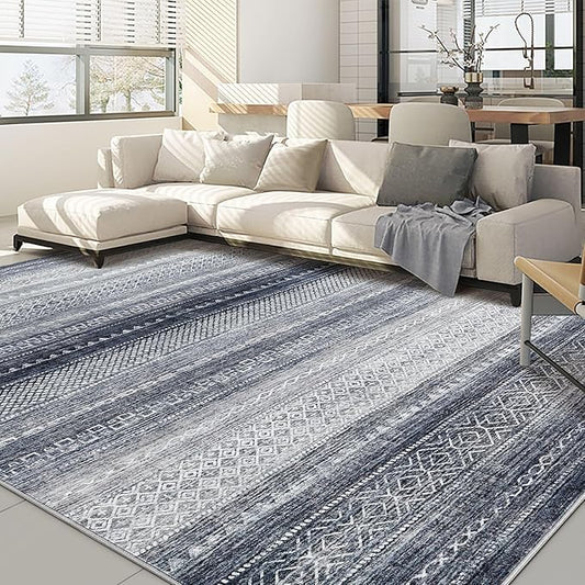 Nakagishi Area Rug Living Room Rugs: 7x10 Machine Washable Boho Large Neutral Farmhouse Stain Resistant Moroccan Indoor Floor Carpet for Bedroom Nursery Dorm Classroom Dining Room Home-Blue